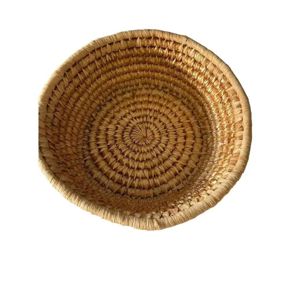 Vintage Handmade Hand Woven Weave Large Basket Bowl Round Tan 9.5 x 4